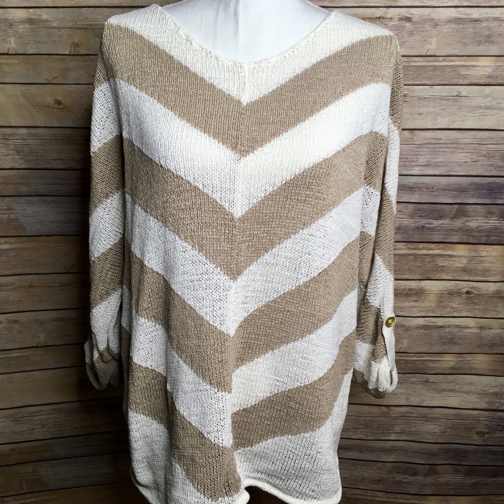 Chico's White and Sand Roll Sleeve V-Neck Sweater